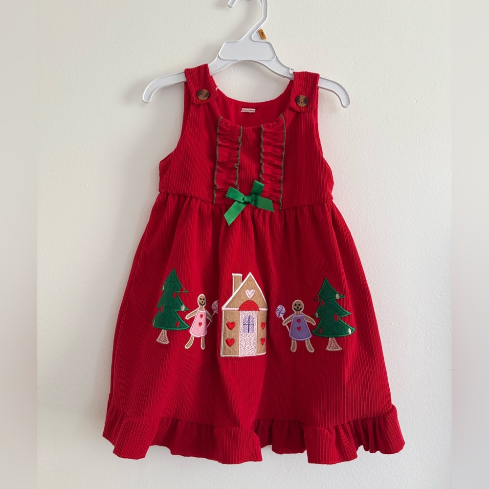 Red Holiday Dress with Gingerbread Appliqué